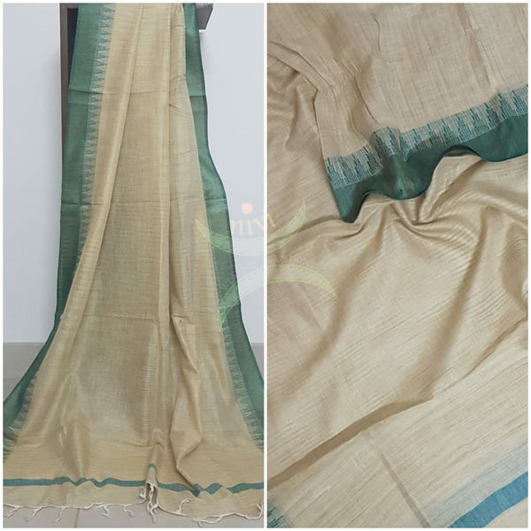 Beige and green combination handloom silk blend dupatta with traditionally woven temple border.