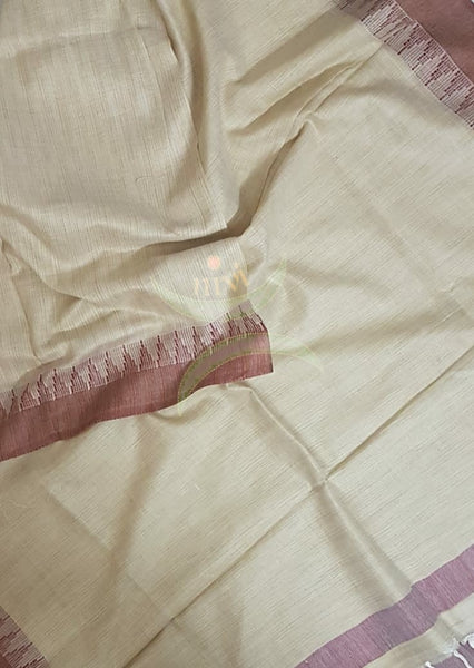 Beige and red combination handloom silk blend dupatta with traditionally woven temple border.