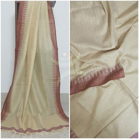 Beige and red combination handloom silk blend dupatta with traditionally woven temple border.