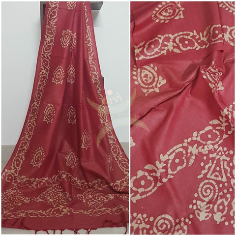 Red handloom silk blend dupatta with traditional batik print.