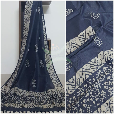 Navy Blue handloom silk blend  dupatta with traditional batik print.