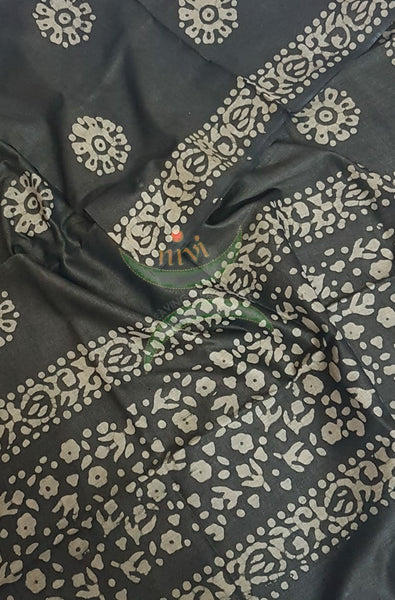 Black handloom silk blend dupatta with traditional batik print.