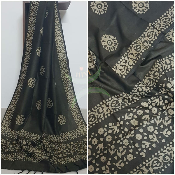 Black handloom silk blend dupatta with traditional batik print.