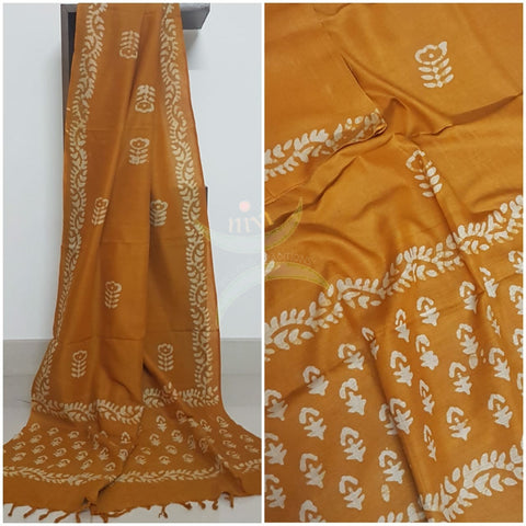 Mustard handloom silk blend dupatta with traditional batik print.