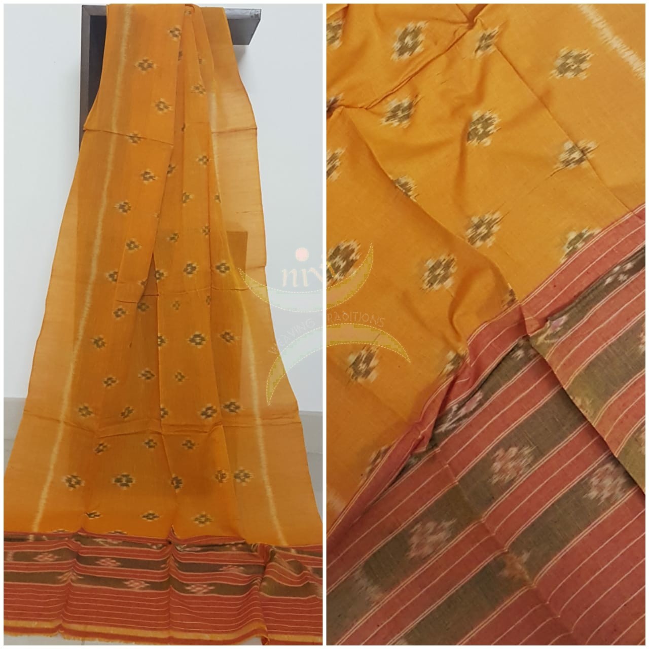 Mustard handloom pochampalli ikat mul cotton dupatta