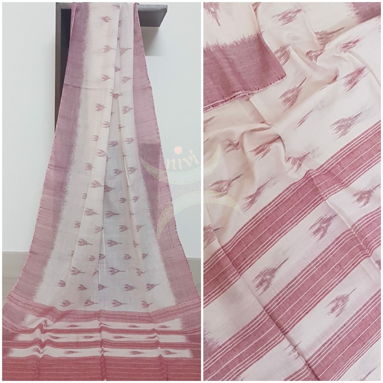 Off white Pink handloom sambalpuri ikat mul cotton dupatta