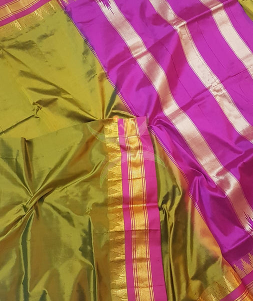 Mehendi green handloom pure silk ilkal with contrasting pink border and pallu