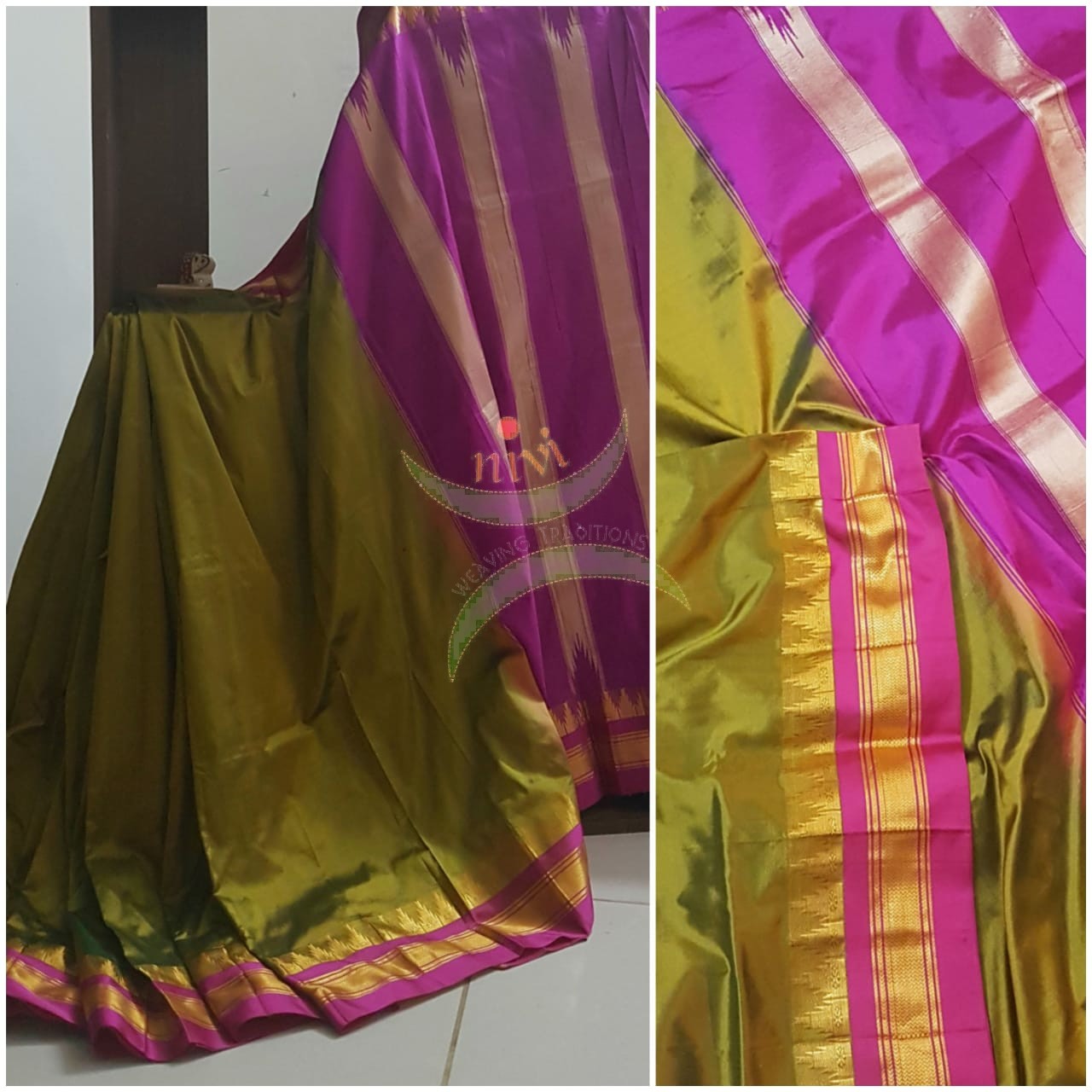 Mehendi green handloom pure silk ilkal with contrasting pink border and pallu