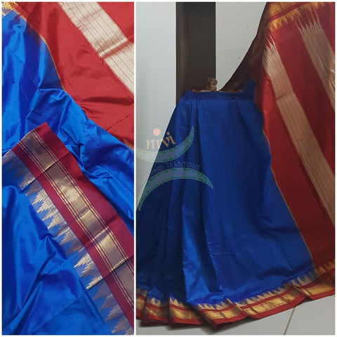 Royal blue handloom pure silk ilkal with contrasting red border and pallu