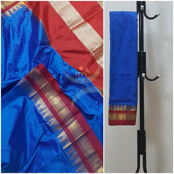 Royal blue handloom pure silk ilkal with contrasting red border and pallu