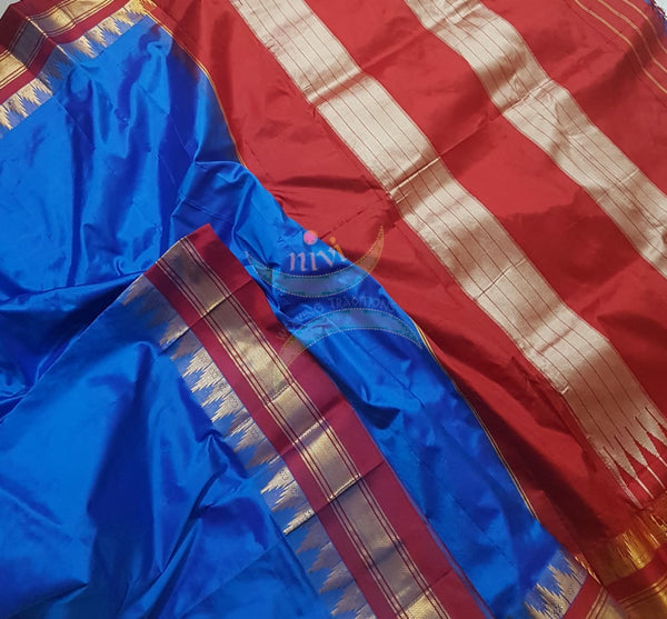 Royal blue handloom pure silk ilkal with contrasting red border and pallu