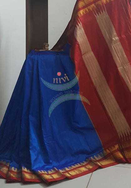 Royal blue handloom pure silk ilkal with contrasting red border and pallu
