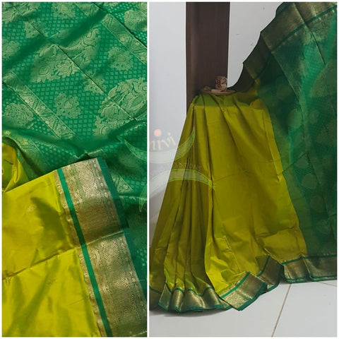 Green handloom pure silk kanjeevaram with contrasting dark green border and pallu