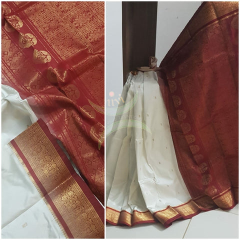 Off white handloom pure silk kanjeevaram with contrasting red border and pallu