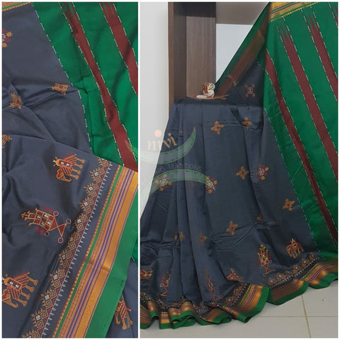 Grey silk cotton ilkal with traditional anne ambari motif kasuti embroidery and Green tope teni pallu.