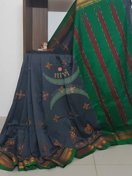 Grey silk cotton ilkal with traditional anne ambari motif kasuti embroidery and Green tope teni pallu.