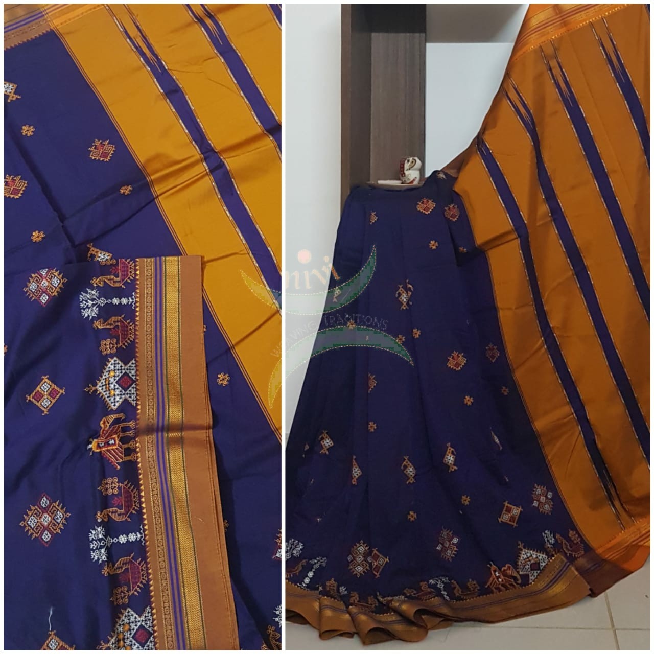 Royal blue silk cotton ilkal with traditional anne ambari gopura motif kasuti embroidery and mustard tope teni pallu. Saree comes with running blouse.