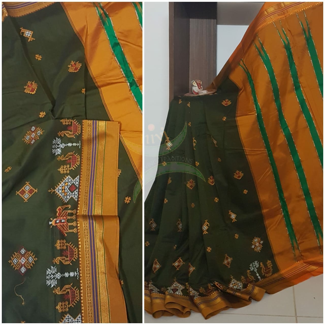 Mehendi green  silk cotton ilkal with traditional anne ambari gopura motif kasuti embroidery and mustard tope teni pallu. Saree comes with running blouse.