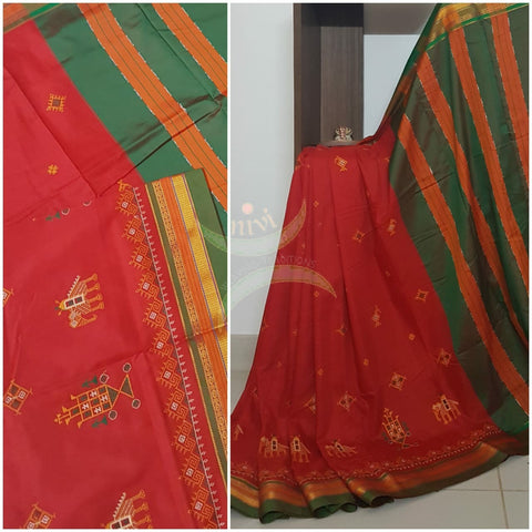 Red cotton blended ilkal with traditional anne ambari motif kasuti embroidery and green tope teni pallu. Saree comes with running blouse.