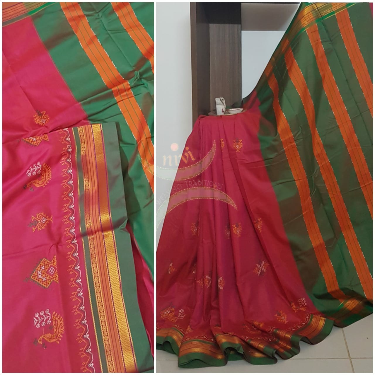 Pink cotton blended ilkal with traditional gopura motif kasuti embroidery and green tope teni pallu. Saree comes with running blouse.