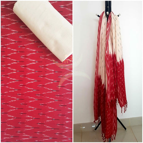Red and white combination handloom pochampalli ikat 3 piece suit set.