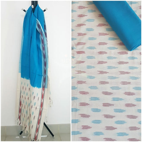White and blue combination handloom pochampalli ikat 3 piece suit set.