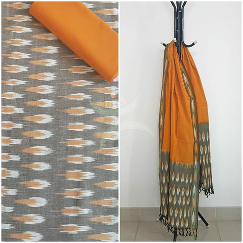 Grey and orange combination handloom pochampalli ikat 3 piece suit set.