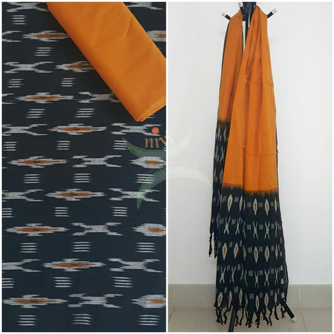 Black and orange combination handloom pochampalli ikat 3 piece suit set.