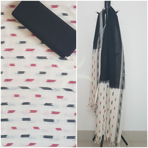 White and black combination handloom pochampalli ikat 3 piece suit set.