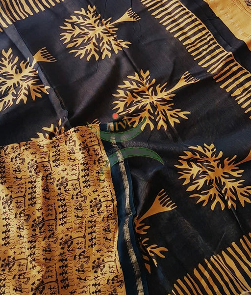 Mustard yellow handloom Chanderi block printed with warli motifs.