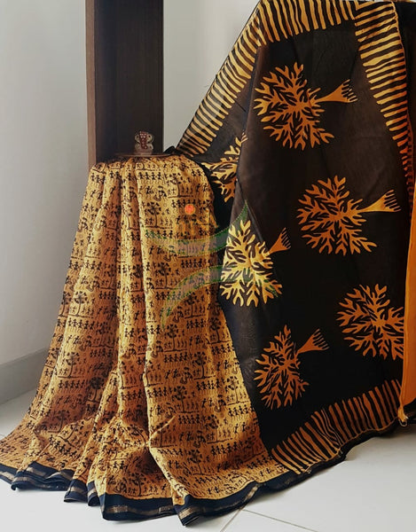 Mustard yellow handloom Chanderi block printed with warli motifs.