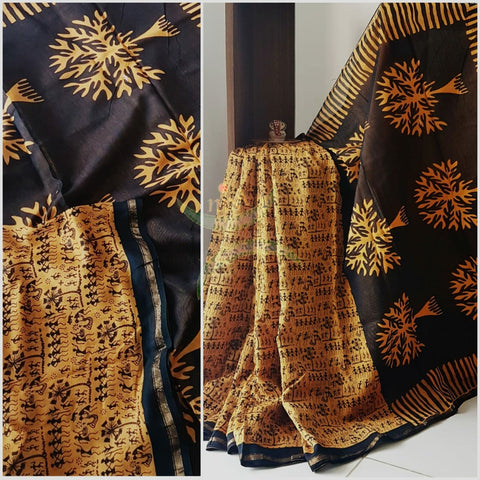 Mustard yellow handloom Chanderi block printed with warli motifs.