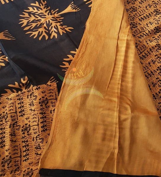 Mustard yellow handloom Chanderi block printed with warli motifs.
