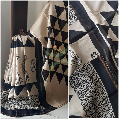 Beige and black handloom block printed Chanderi
