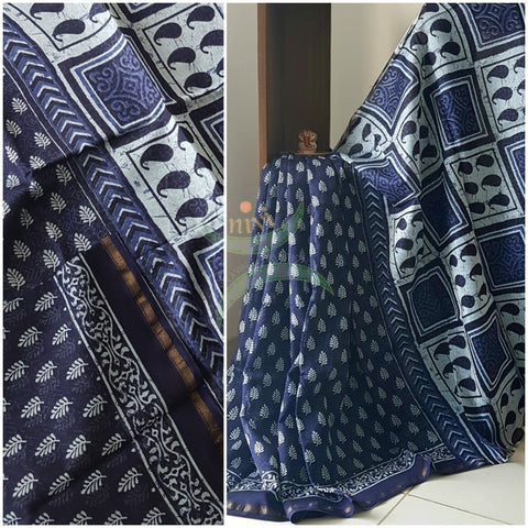 Indigo handloom block printed Chanderi