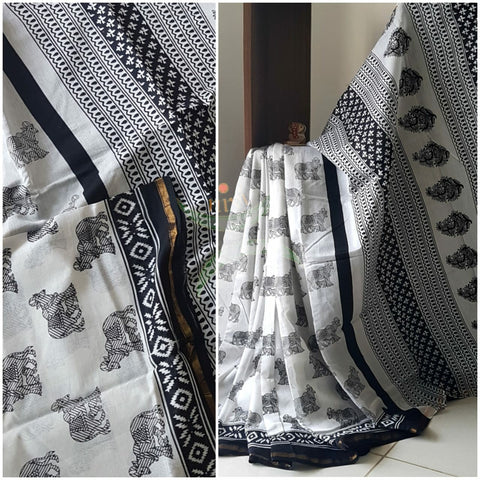 White and black monochrome hand block printed Chanderi saree