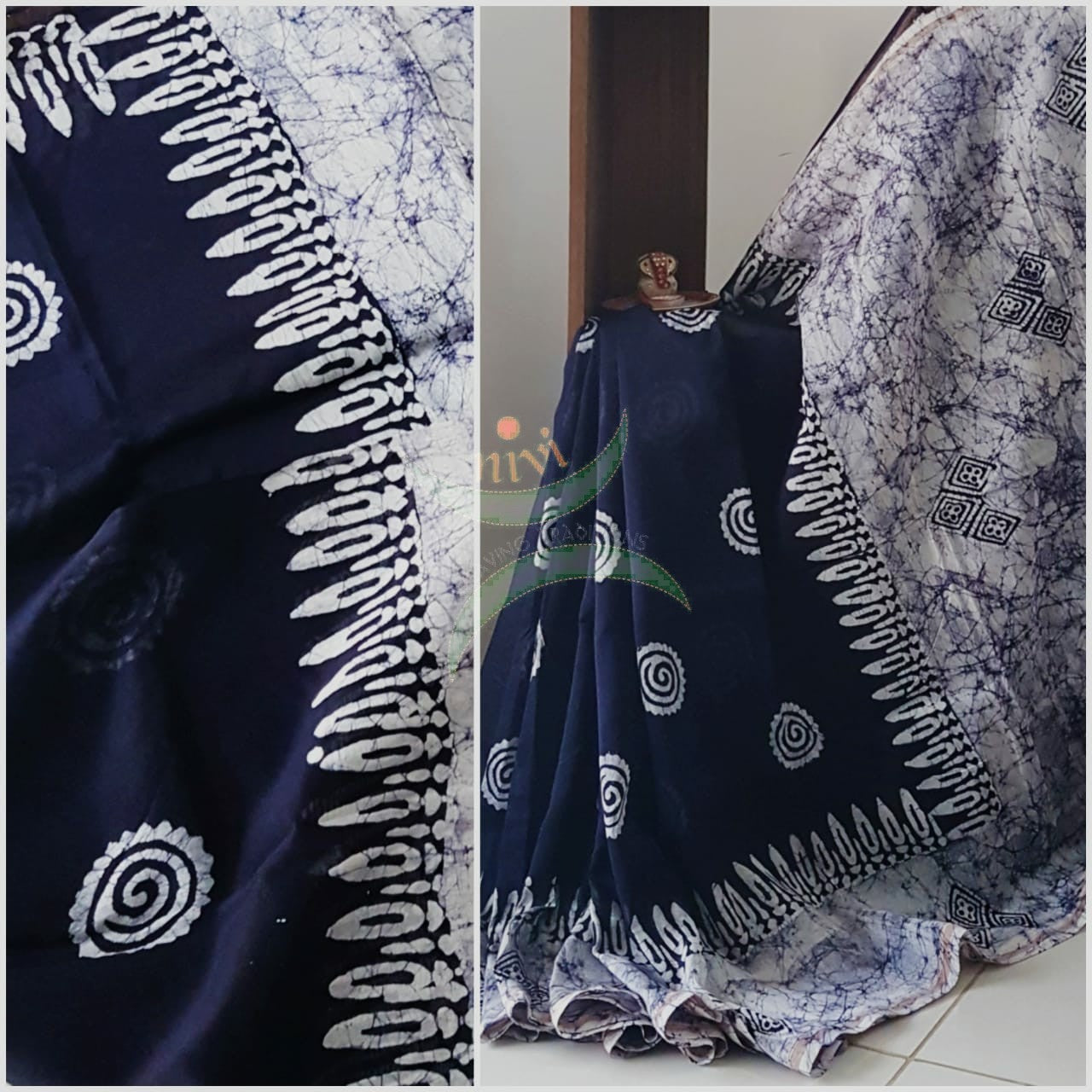 Indigo handloom  batik Chanderi saree