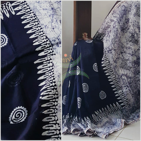 Indigo handloom  batik Chanderi saree