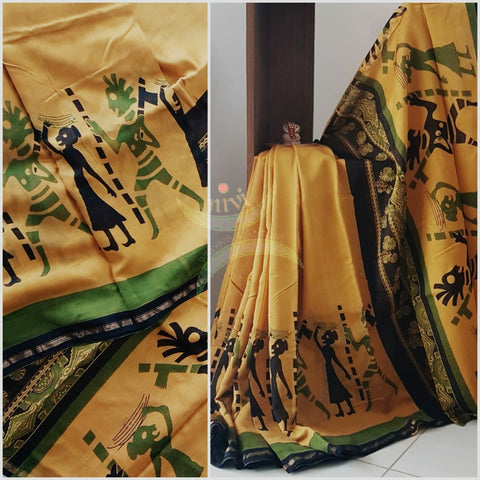 Mustard yellow handloom Chanderi block printed saree