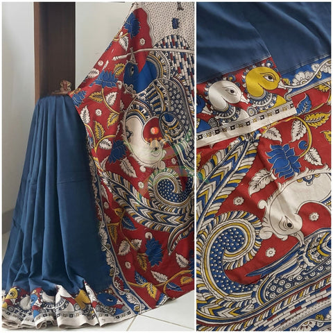 Blue mul cotton handloom kalamkari Saree with peacock motifs on border and pallu