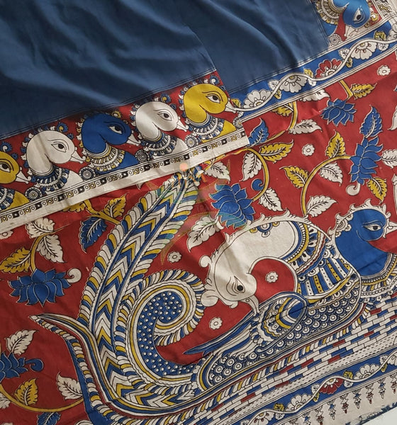 Blue mul cotton handloom kalamkari Saree with peacock motifs on border and pallu