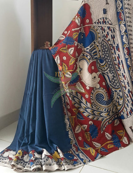Blue mul cotton handloom kalamkari Saree with peacock motifs on border and pallu