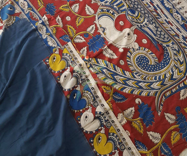 Blue mul cotton handloom kalamkari Saree with peacock motifs on border and pallu