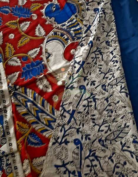 Blue mul cotton handloom kalamkari Saree with peacock motifs on border and pallu