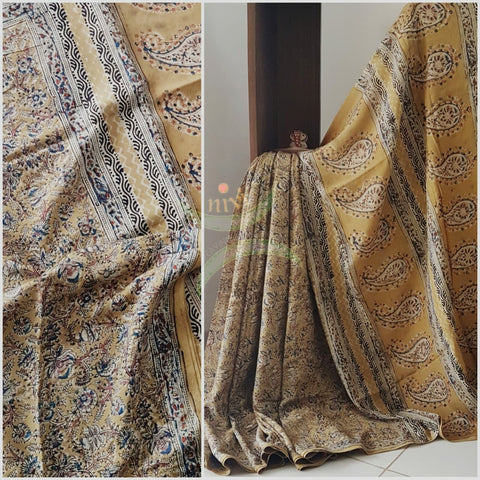 Mustard yellow chennur silk handloom kalamkari Saree