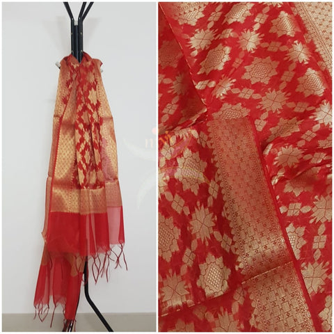 Red chenderi benaras brocade duppata with all over jacquard weaving.