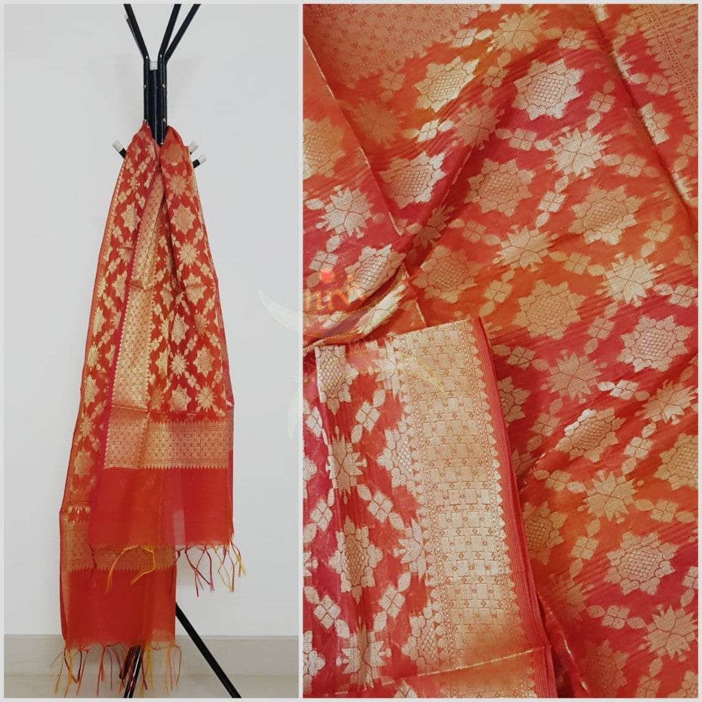 Two tone red orange chenderi benaras brocade duppata with all over jacquard weaving.