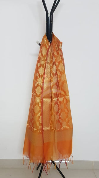 Two tone yellow orange chenderi benaras brocade duppata with all over jacquard weaving.