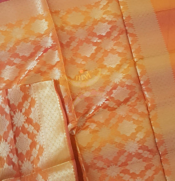 Two tone yellow orange chenderi benaras brocade duppata with all over jacquard weaving.