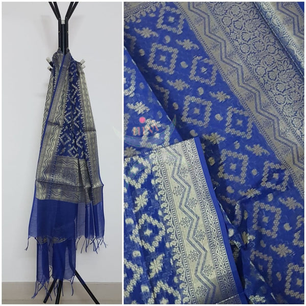 Royal blue chenderi  benaras brocade duppata with all over jacquard weaving.